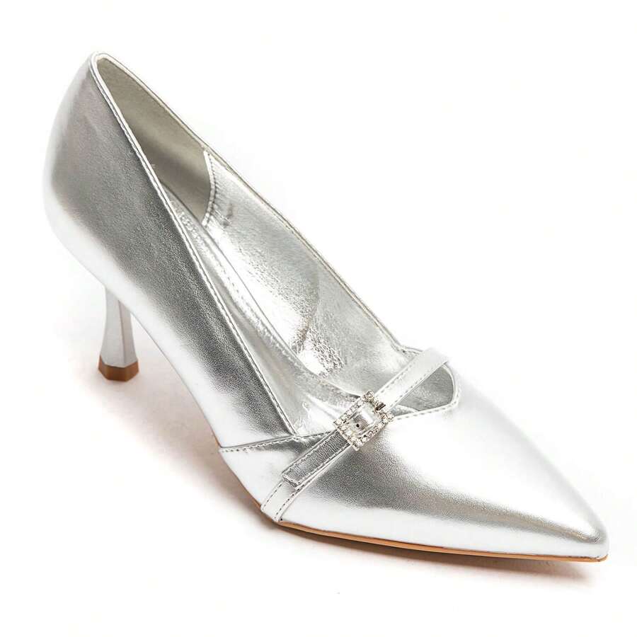 Thin Heel Pumps With Decorative Straps And Gold Buckles - Silver - View 1