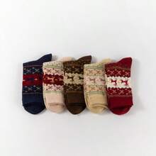 5 双秋冬羊毛袜，舒适柔软袜子，驯鹿提花中筒袜，女士款，保暖吸湿排汗 - 彩色 - 查看 2