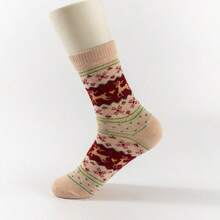 5 双秋冬羊毛袜，舒适柔软袜子，驯鹿提花中筒袜，女士款，保暖吸湿排汗 - 彩色 - 查看 3