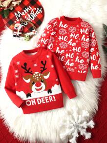 Set de 2 suéteres de niño con diseño de copos de nieve y letras navideñas, adecuado para primavera/otoño/invierno - Rojo - Ver 1