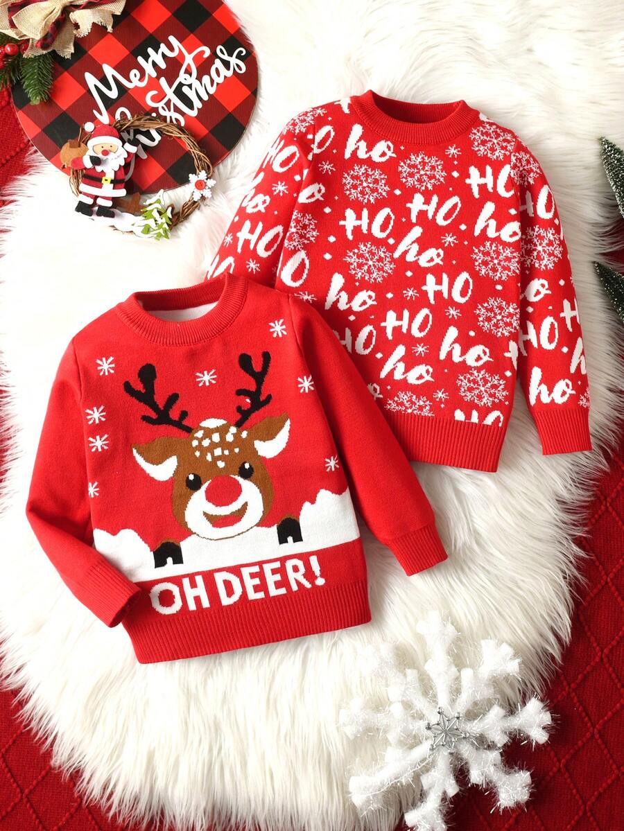 Set de 2 suéteres de niño con diseño de copos de nieve y letras navideñas, adecuado para primavera/otoño/invierno - Rojo - Ver 1