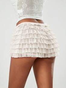 Womens Layered Ruffle Shorts Casual Elastic Waist Bow Front Solid Color Lace Shorts Going Out Pants - 白色 - 查看 5