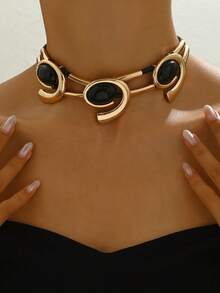 1 件新款创意黑色时尚朋克风格颈链，秋冬款 - 金黃色 - 查看 2