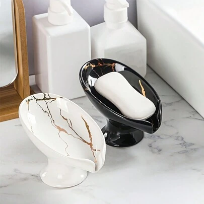 1pc Ceramic Self-Draining Soap Dish, Marble Appearance Leaf Shape Soap Holder For Bathroom, Easy To Clean And Keep Soap Dry Home Bathroom Decor Fall Decor Back To School