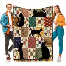 复古风格柔软法兰绒羊毛毯，针织双面四季猫咪印花，防污多用途沙发和电视礼品毯，适合朋友和家人 - 100% 涤纶复古风格柔软法兰绒羊毛毯，针织双面四季猫咪印花，防污多用途沙发和电视礼品毯，适合朋友和家人 - 100% 涤纶 - 多色 - 查看 11