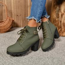 Shoes Women Fashion High Heel Lace Up Ankle Boots Ladies Buckle Platform Artificial Leather Shoes Bota Feminina - 酒紅色 - 查看 5