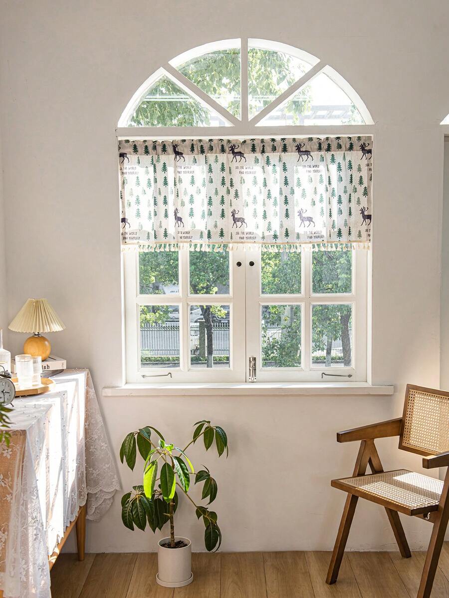 LOSPRING Linen-Like Printed Kitchen Short Curtain, Minimalist Geometric Pine Tree & Deer Tassel Edge Half Curtain - M-10 - View 1