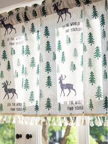 LOSPRING Linen-Like Printed Kitchen Short Curtain, Minimalist Geometric Pine Tree & Deer Tassel Edge Half Curtain - M-10 - View 6