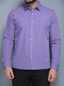Men's Long Sleeve Striped Dress Shirt, Cotton Polyester Fabric, Non-Greasy, Easy To Iron - 紫丁香色 - 查看 1