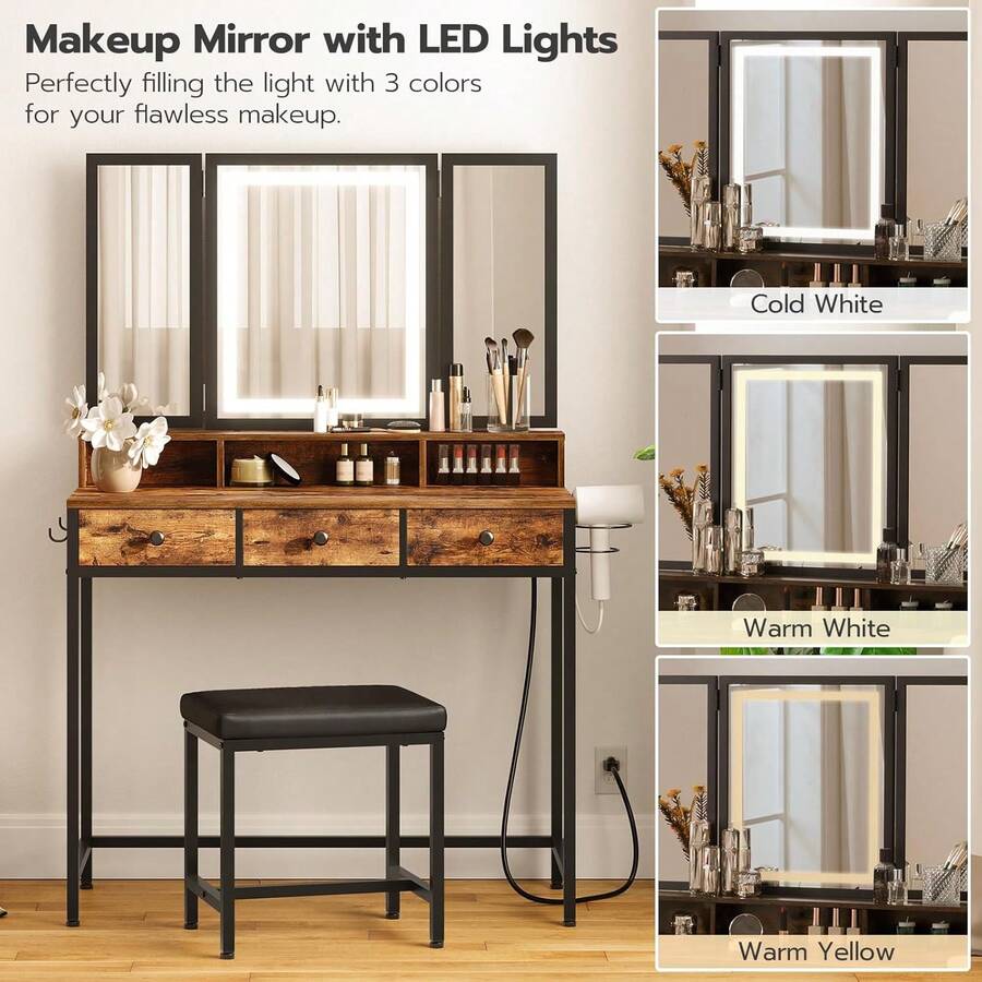Vanity Desk With LED Lighted Mirror And Power Outlet, Makeup Vanity