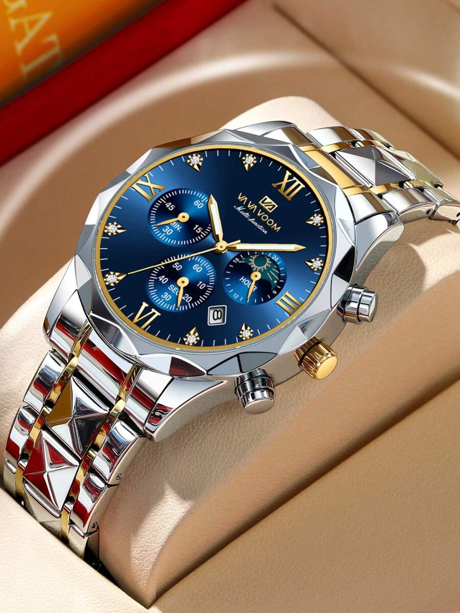 VA VA VOOM Thương hiệu 1PC Đồng hồ nam đính đá sang trọng đa chức năng Mặt số hẹn giờ Bộ máy thạch anh Đồng hồ nam màu xanh & vàng & bạc & đen Giải trí Kinh doanh Lịch mô phỏng Đồng hồ đôi bằng thép không gỉ dành cho nam