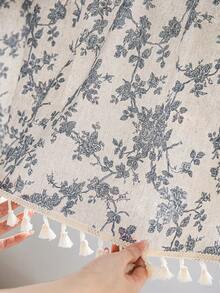 LOSPRING 蓝色花卉藤蔓印花亚麻质感窗帘，流苏边半透明厨房半帘 - M-03LT - 查看 2