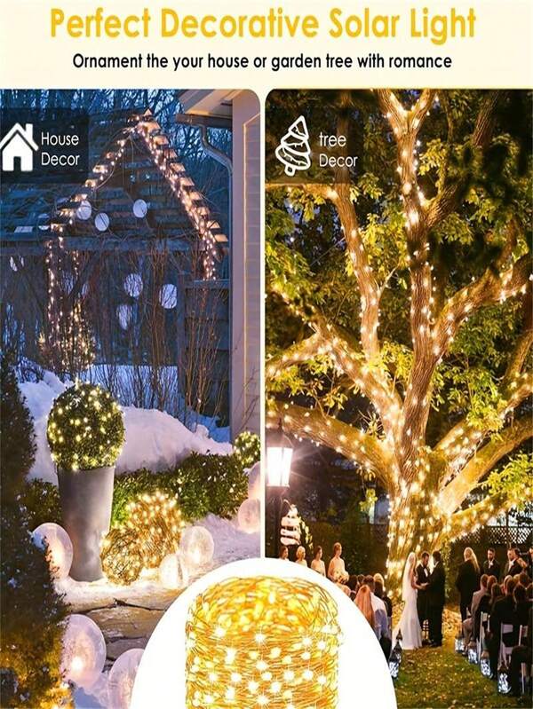 1pc Solar Outdoor String Lights, Copper Wire 8 Modes Solar Fairy Tale Lights Garden Yard Tree Christmas Party Wedding Decorative Lighting