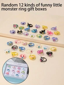 12 chiếc/hộp Thiết kế quái vật dễ thương Nhẫn hở có thể điều chỉnh, Trang sức mới lạ đáng yêu, Hộp quà thanh lịch - Nhiều màu - Xem 2
