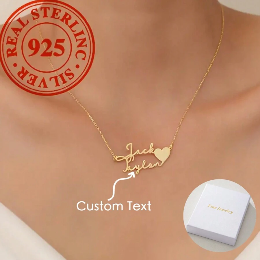 定制个性化双名字心形锁骨链项链采用 S925 银制成，优雅浪漫，时尚奢华，具有波西米亚风格。非常适合母亲节、情人节、生日、周年纪念日、毕业典礼 - 金黃色 - 查看 1