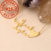 定制个性化双名字心形锁骨链项链采用 S925 银制成，优雅浪漫，时尚奢华，具有波西米亚风格。非常适合母亲节、情人节、生日、周年纪念日、毕业典礼 - 金黃色 - 查看 3