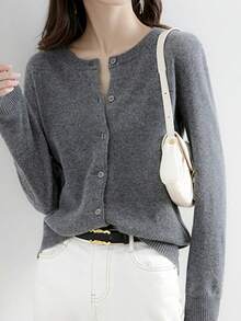 Women's Gray Casual Cardigan Round Neck Single-Breasted Knit Sweater,Fall/Winter,School,Teacher Work Tops,Office Wear,Basic Tops,Button Up - رمادي غامق - مشاهدة 4