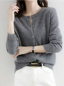 Women's Gray Casual Cardigan Round Neck Single-Breasted Knit Sweater,Fall/Winter,School,Teacher Work Tops,Office Wear,Basic Tops,Button Up - رمادي غامق - مشاهدة 6