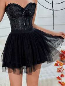 Váy ngắn xếp lớp voan lưới kiểu punk với cạp chun co giãn - màu đen - Xem 3