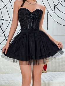 Váy ngắn xếp lớp voan lưới kiểu punk với cạp chun co giãn - màu đen - Xem 4