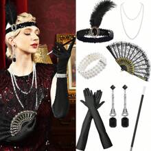 5/7 件 1920 年代风格头饰套装:羽毛头带、手套、仿珍珠项链、手扇、吊坠耳环 - 轻佻女郎派对服装配饰、复古万圣节服装情人节情人节舞会 - 黑色 - 查看 14