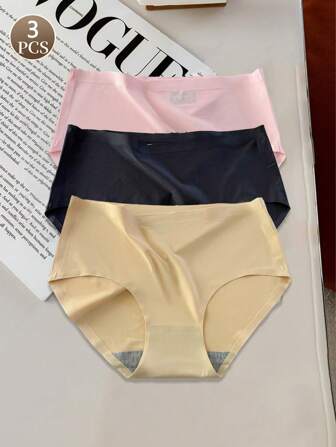 3 piezas Bragas femeninas delgadas y sexys de unicolor, ropa interior femenina sin costuras de tiro medio de gasa