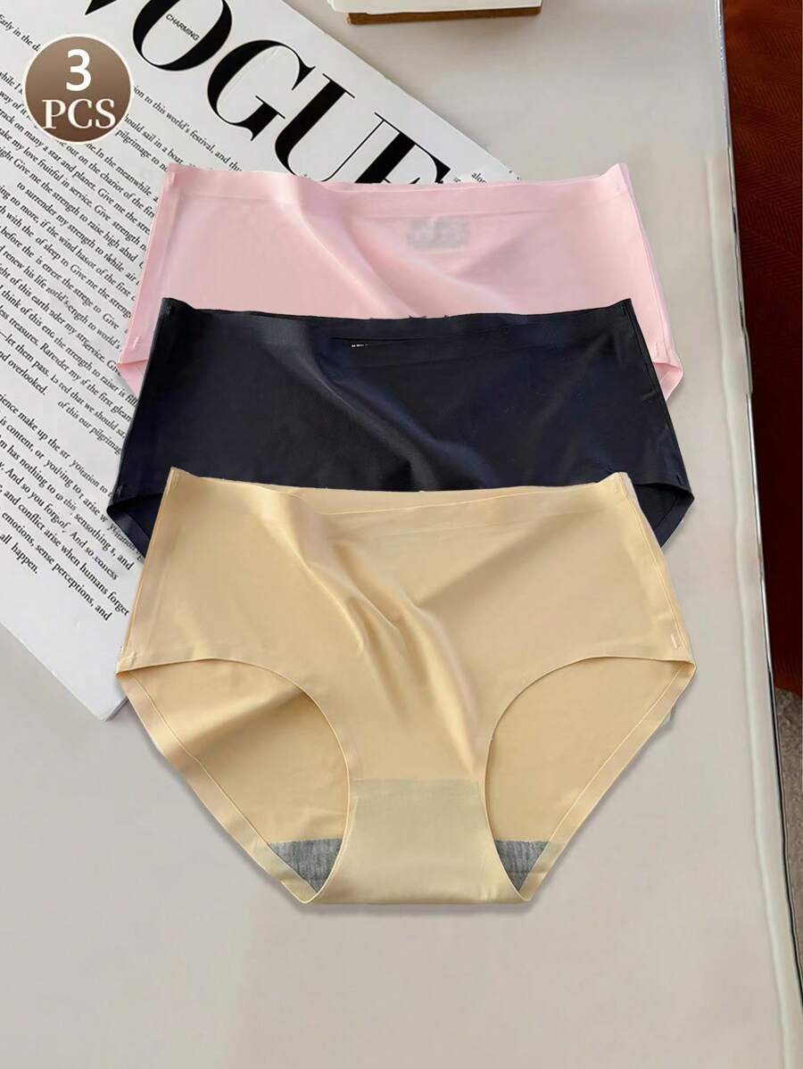 3pcs/Pack Thin Women's Sexy Solid Color Triangle Panties, Mid-Waist Ice Silk Underwear For Girls - Multicolor - View 1