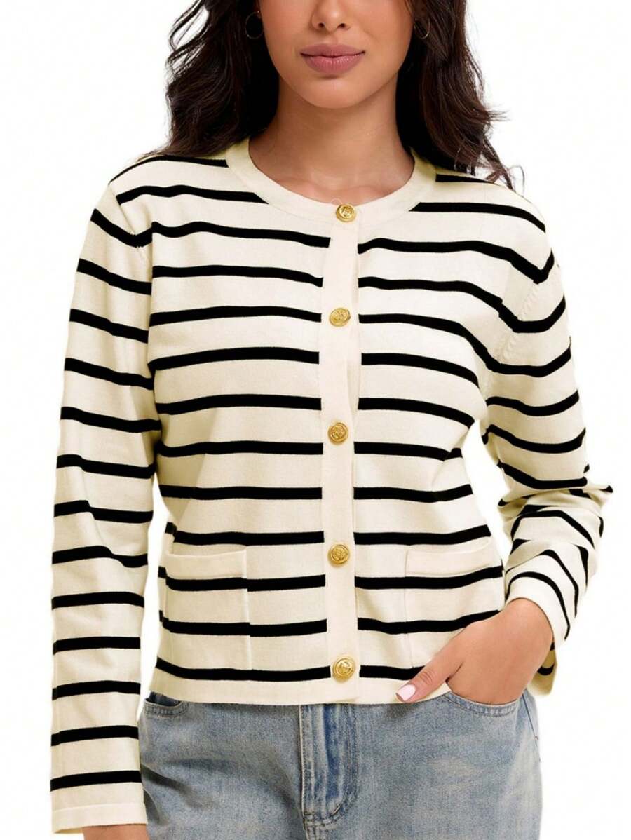 Women's Striped Cardigan Sweater Long Sleeve Button Down Crew Neck Cardigans - 杏黑 - 查看 1