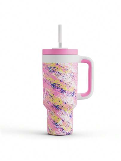 Botella de agua aislada al vacío de 40 onzas con tapa y pajita, taza de viaje térmica de acero inoxidable, mantiene frío durante 34 horas u caliente durante 10 horas, portátil para acampada al aire libre (Dama rosa)