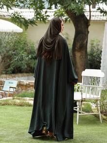 1 chiếc váy dài Abaya bằng vải lanh cho nữ tay cánh dơi, váy cardigan Hồi giáo Ả Rập Dubai Trung Đông, áo choàng cánh dơi thời trang rộng rãi, vải satin mờ, đa năng cho hàng ngày, đi chơi và tụ tập - Màu xanh lá cây đậm - Xem 3