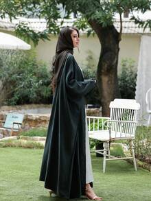 1 chiếc váy dài Abaya bằng vải lanh cho nữ tay cánh dơi, váy cardigan Hồi giáo Ả Rập Dubai Trung Đông, áo choàng cánh dơi thời trang rộng rãi, vải satin mờ, đa năng cho hàng ngày, đi chơi và tụ tập - Màu xanh lá cây đậm - Xem 4