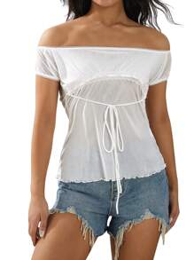 Y2K Fairy Grunge Crop Top For Women Short Sleeve Lace Patchwork T-Shirt Aesthetic Slim Fit Cute Babydoll Top Tees - 白色 - 查看 2