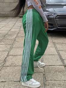 Women Striped Track Pants Loose Elastic Waist Drawstring Straight Leg Sweatpants Joggers Wide Leg Side Stripes Pants With Pockets Streetwear - Green - View 4