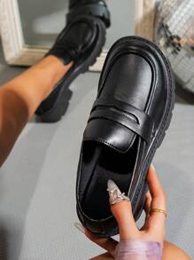 Giày đế dày đế xuồng đế xuồng đế xuồng đế dày đế xuồng đế da màu đen thời trang, giày lười mũi tròn thoải mái, phù hợp cho học sinh, thường ngày, tiệc tùng, mặc hàng ngày - màu đen - Xem 1