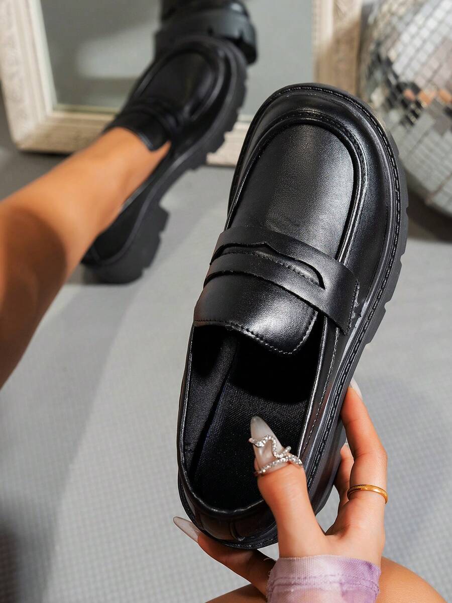 Giày đế dày đế xuồng đế xuồng đế xuồng đế dày đế xuồng đế da màu đen thời trang, giày lười mũi tròn thoải mái, phù hợp cho học sinh, thường ngày, tiệc tùng, mặc hàng ngày - màu đen - Xem 1