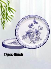 12/24/68件套，一次性餐具，蓝白餐具，蝴蝶主题一次性纸盘，7英寸纸盘，9英寸纸盘，薄纸，纸杯，纸盘，食物托盘，派对托盘 - 彩色 - 查看 10