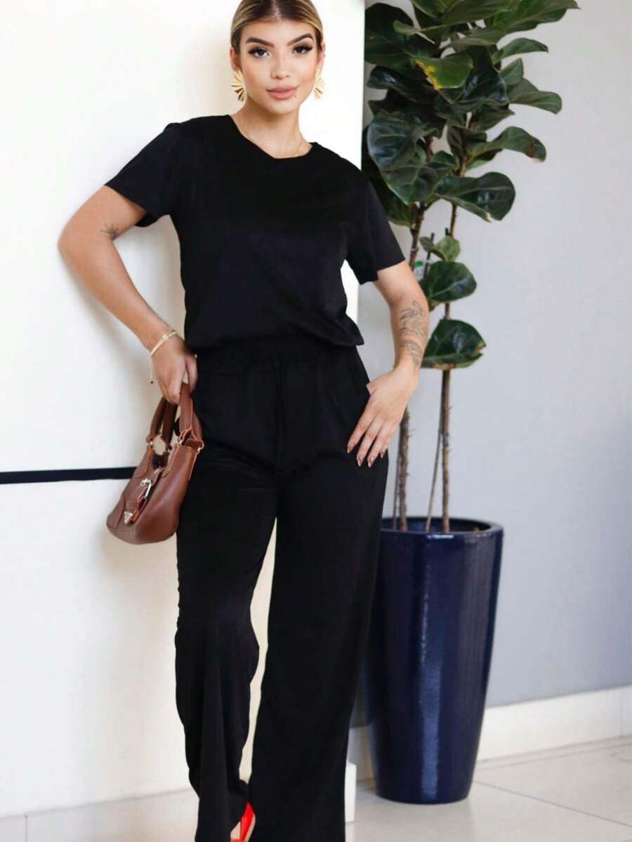Comfortable Suede Pantaloons And Short Sleeve Blouse Set - màu đen - Xem 1