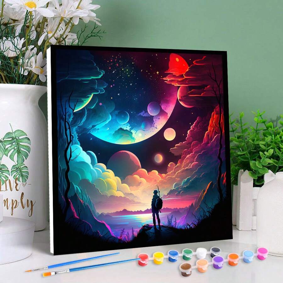 1 件带框数字油画卡通风景易于在画布上绘画亚克力工艺品极光图片可用作 DIY 礼物 20x20 厘米/7.87x7.87 英寸 - 彩色 - 查看 1