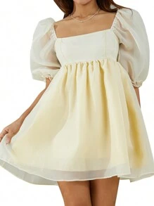 Women Summer Puffy Dress, Solid Color Square Neck Bubble Sleeve One-Piece Short Dress For Ladies, Pink/Purple/Yellow - Màu vàng - Xem 9