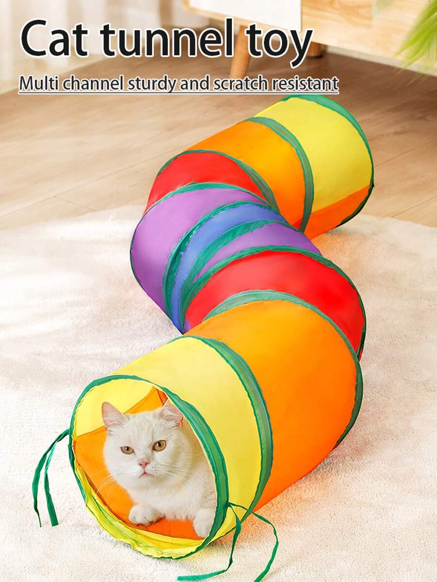 可折叠彩虹猫隧道，可折叠宠物猫隧道玩具，适合猫和兔子，室内/室外使用，便携 - 彩色 - 查看 1