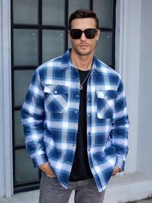 KEFITEVD Men's Flannel Shirt Jacket Winter Warm Fleece Lined Plaid Coat Button Down Shirt With Pockets - Xanh và trắng - Xem 2