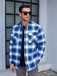KEFITEVD Men's Flannel Shirt Jacket Winter Warm Fleece Lined Plaid Coat Button Down Shirt With Pockets - Xanh và trắng - Xem 3