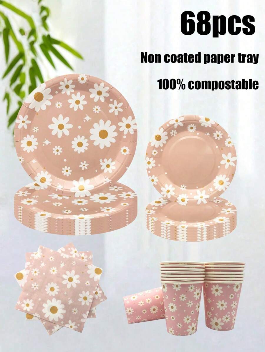 68件套，一次性餐具，粉色花朵主题一次性纸盘，蛋糕盘，派对盘，生日盘，材质，适用于生日派对、促销活动、聚会、野餐、露营、烧烤等场合。 - 彩色 - 查看 1