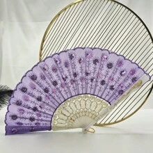 D EXCEED 1 件女士折扇，手工制作优雅彩色刺绣花朵孔雀图案亮片面料折扇（多色）