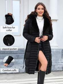 Risissida Women's Long Winter Coat With Belted Waist, Fur Collar, And Hood - Elegant And Practical Commuter Jacket - Black - View 1