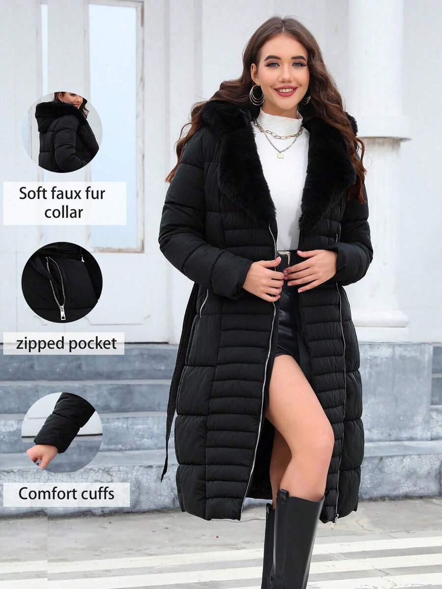 Risissida Women's Long Winter Coat With Belted Waist, Fur Collar, And Hood - Elegant And Practical Commuter Jacket - Black - View 1