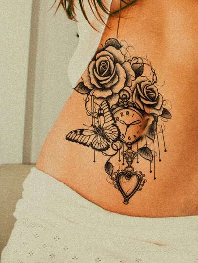 STARTTOOS Black Minimalist Temporary Tattoo Stickers, Realistic Butterfly & Floral Patterns, Large Flower Designs For Arms, Chest, Waist, Back, Unisex Waterproof Fake Tattoos