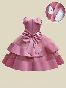 Young Girls' Sleeveless Mesh & Satin Bow Back Elegant Fancy Party Dress, Suitable For Flower Girl, Wedding, Banquet, Does Not Include Headband - 藕粉色 - 查看 6