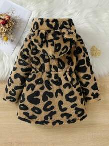 Young Girl Leopard Print Warm Winter Jacket With Cute Bear Ear Hood, Zipper Closure And Pockets, Thick And Insulated - Coffee Brown - View 2