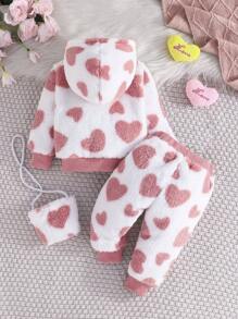 2 件套秋冬女宝宝长袖可爱粉色爱心羊毛保暖连帽卫衣和裤子套装，休闲舒适 + 包